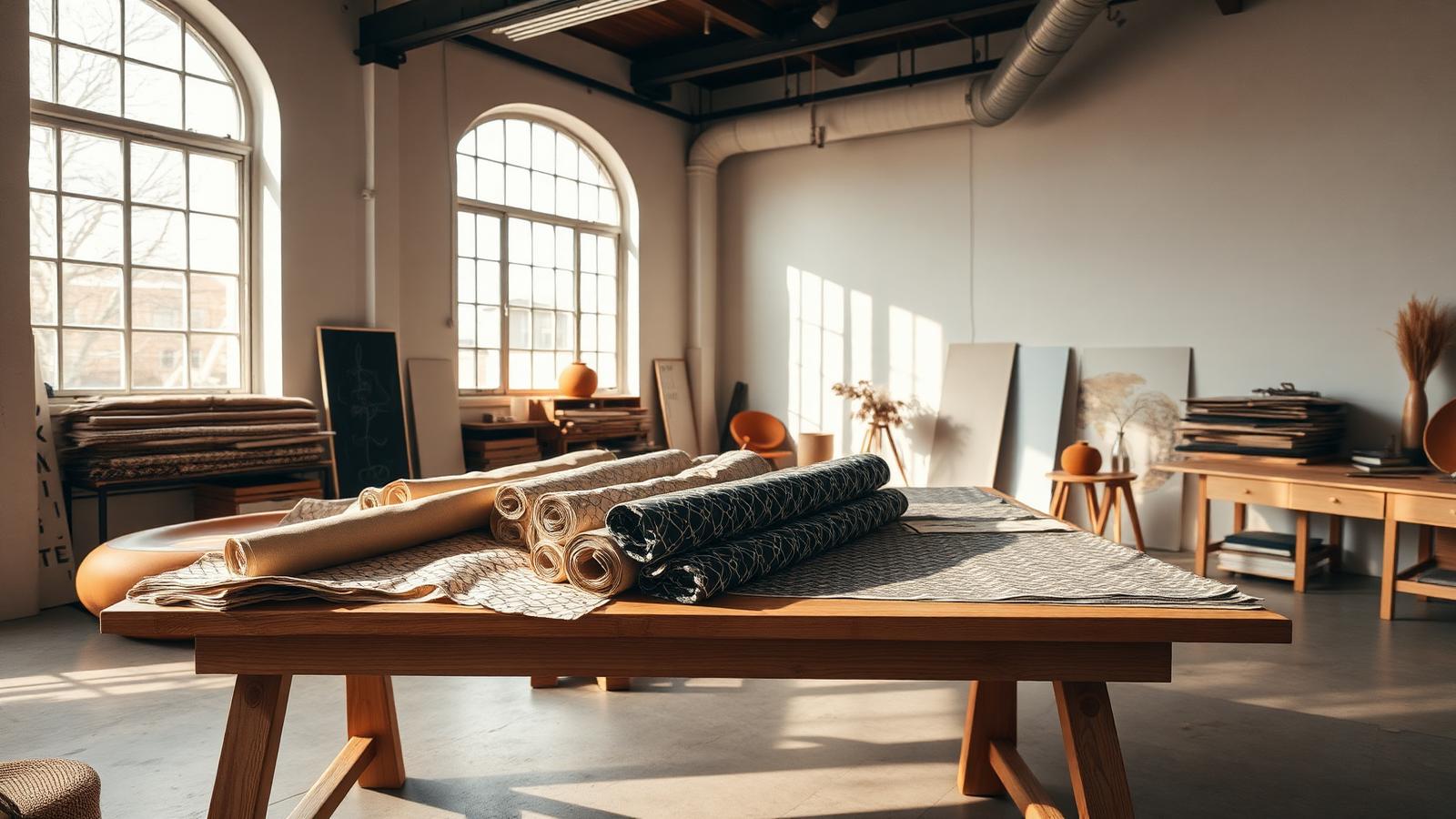 Textile studio workspace with fabric swatches